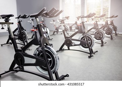 Healthy lifestyle concept. Spinning class with empty bikes. fitness, sport, training
