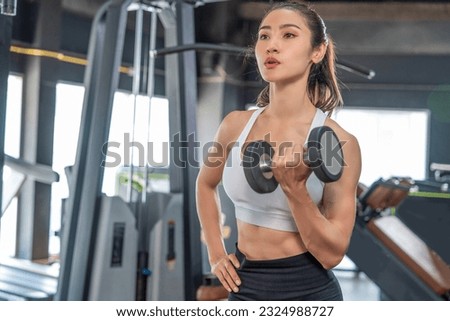 Healthy lifestyle and fitness concept. Asian woman wearing sports bra doing lifting dumbbell weight exercise in sport gym