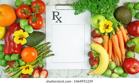 Healthy Lifestyle, Food Is Medicine, Prescription For Good Health Concept Flatlay With Colorful Fruits And Vegetables And Clipboard.