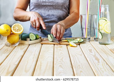 Healthy Lifestyle, Healthy Food. A Young Woman Prepares A Detox Drink From Fresh Vegetables And Fruits.