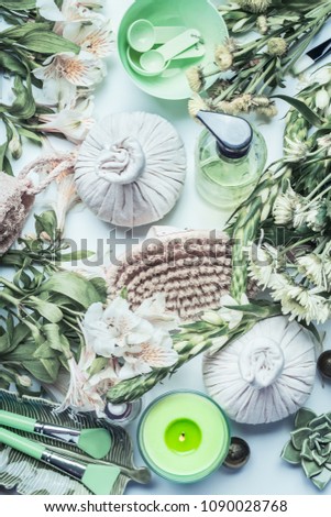 Image, Stock Photo Green Wellness with Massage Compress Herbs Ball and Flowers