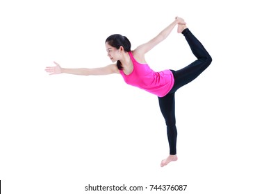 Healthy lifestyle. Happy woman smiling and doing yoga in standing half bow pose or Utthita Ardha Dhanurasana pose at studio. Fitness for relaxation and stretching. Isolated on white background.