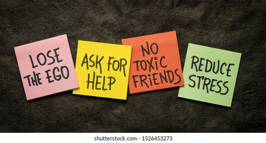 Healthy Lifestyle Inspirational Reminder Notes - Lose The Ego, Ask For Help, No Toxic Friends, Reduce Stress