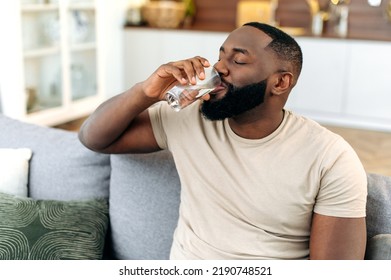 Healthy Lifestyle. Positive African American Guy, Sit On Sofa At Home, Drinking A Glass Of Clean Water. Handsome Black Man Leads Healthy Lifestyle, Monitors The Balance Of Water In The Body