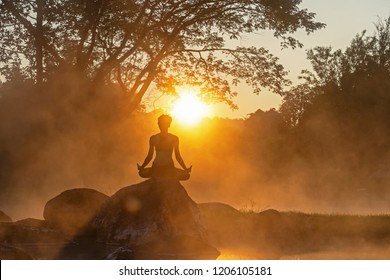 Healthy Lifestyle Silhouette Meditation Yoga Woman Stock Photo ...