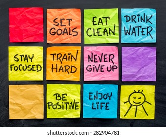 Healthy Lifestyle Tips (eating, Fitness, Mindset, Determination, Positivity) - Handwriting On A Set Of Colorful Sticky Notes