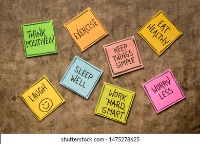 healthy lifestyle and wellbeing concept - a set of inspirational reminder notes - Shutterstock ID 1475278625