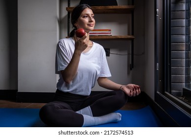 Healthy Lifestyle, Woman Doing Yoga At Home And Eating Apple, Healthy Lifestyle, Home Environment