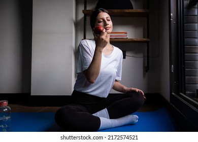 Healthy Lifestyle, Woman Doing Yoga At Home And Eating Apple, Healthy Lifestyle, Home Environment