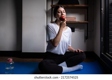 Healthy Lifestyle, Woman Doing Yoga At Home And Eating Apple, Healthy Lifestyle, Home Environment