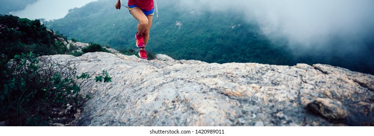 Healthy Lifestyle Woman Ultra Marathon Runner Running Up To The Seaside Mountain Top