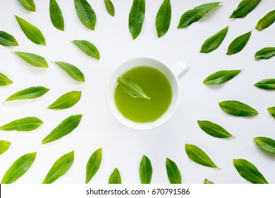 Healthy Light Green Tea Cup with Fresh Green Leaves Flat Lay - Shutterstock ID 670791586