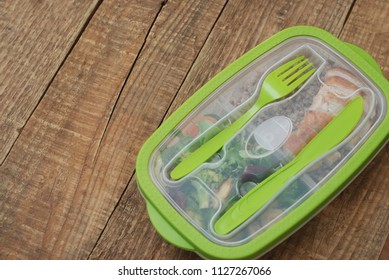 
Healthy Lunch Box Office Work Buckwheat Salad Vegetables Meat Chicken Copy Space Wooden Background