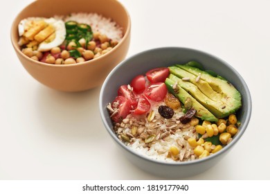 Healthy Lunch Ideas, Close Up Of Two Bowl With Sliced Vegetables And Rice Isolated Over White Background, Horizontal Shot