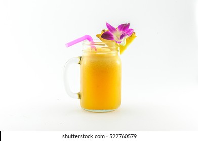 Healthy Mango Pineapple Cocktail In Glass Jar Isolated