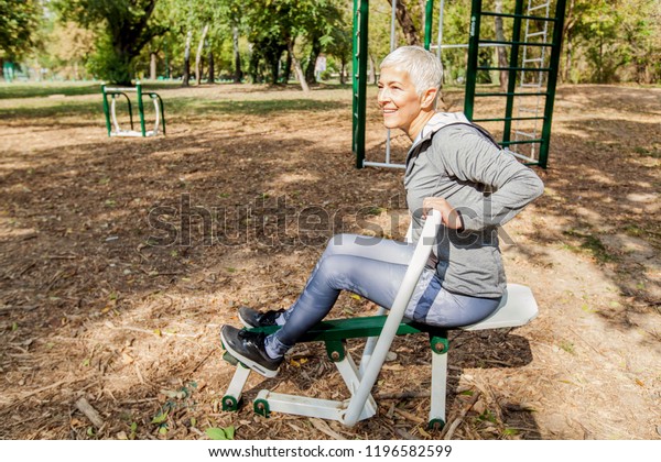 Healthy Mature Woman Practicing Outdoor Gym Stock Photo Edit Now