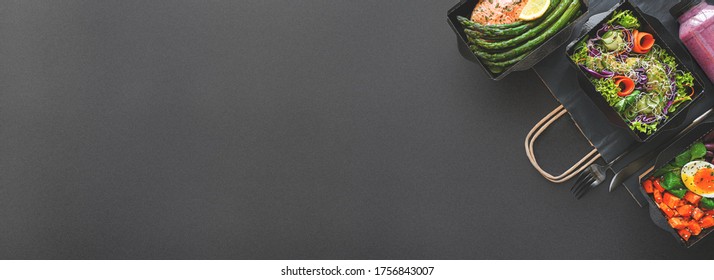 Healthy Meal Diet Plan Daily Ready Menu Black Background, Fresh Dishes In Paper Boxes, Smoothie, Fork Knife On Paper Eco Bag As Food Delivery Service At Home In Office, Flat Lay, Website Photo Banner.