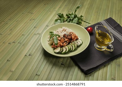 A healthy meal of grilled chicken, brown rice, and zucchini slices, garnished with basil. Served on a green plate with olive oil, tomato, and spinach leaves on a bamboo mat. - Powered by Shutterstock