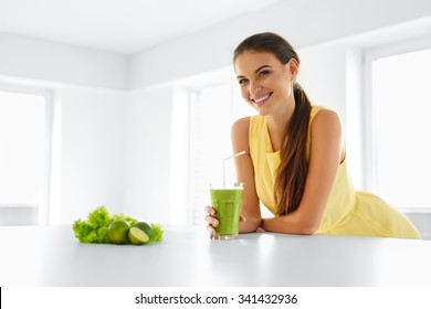 Healthy Meal. Happy Beautiful Smiling Woman Drinking Green Detox Vegetable Smoothie. Healthy Lifestyle, Food And Eating. Drink Juice. Diet, Health And Beauty Concept. - Powered by Shutterstock