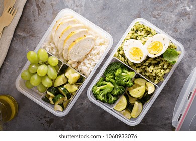 Healthy Meal Prep Containers With Chicken, Rice And Vegetables