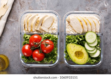 Healthy Meal Prep Containers With Chicken, Rice And Salad