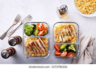 Healthy Meal Prep Containers With Chicken, Rice And Vegetables