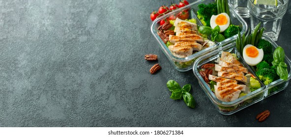 Healthy Meal Prep Containers With Green Beans, Chicken Breast And Broccoli. A Set Of Food For Keto Diet In Lunchbox On A Dark Concrete Background. Top View With Copy Space