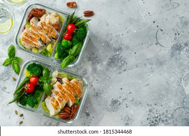 Healthy Meal Prep Containers With Green Beans, Chicken Breast And Broccoli. A Set Of Food For Keto Diet In Lunchbox On A Light Concrete Background. Top View With Copy Space