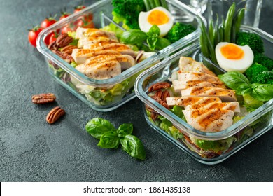 Healthy Meal Prep Containers With Green Beans, Chicken Breast And Broccoli. A Set Of Food For Keto Diet In Lunchbox On A Dark Concrete Background. Top View