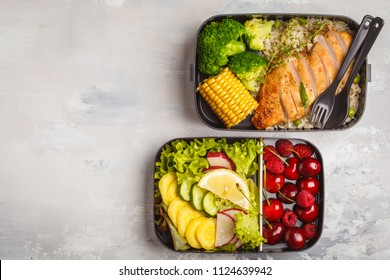 Healthy Meal Prep Containers With Grilled Chicken With Fruits, Berries, Rice And Vegetables. Takeaway Food On White Background, Top View