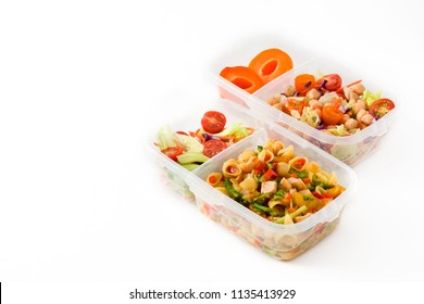 Healthy Meal Prep Containers With Pasta Salad, Vegetables, Chickpea And Fruit Isolated On White Background. Copyspace