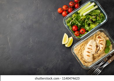 Healthy Meal Prep Containers With Quinoa, Chicken Breast And Green Salad Overhead Shot With Copy Space. Top View. Flat Lay