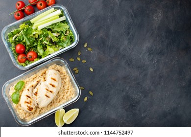 Healthy Meal Prep Containers With Quinoa, Chicken Breast And Green Salad Overhead Shot With Copy Space. Top View. Flat Lay