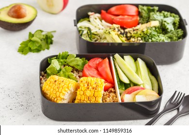 Healthy Meal Prep Containers With Quinoa, Avocado, Corn, Zucchini Noodles And Kale. Takeaway Food. White Background, Top View.