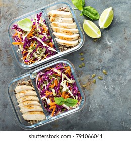 Healthy Meal Prep Containers With Quinoa, Chicken And Cole Slaw Overhead Shot With Copy Space