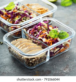 Healthy Meal Prep Containers With Quinoa, Chicken And Cole Slaw