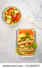 Healthy Meal Prep Glass Containers With Cheese Vegetables Sandwiches And Vegetable Salad Overhead Shot With Copy Space