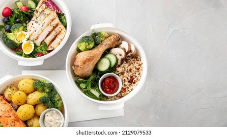 Healthy Meal Prep In Lunch Boxes On Light Background. Dieting Eating Concept. Flat Lay, Top View, Copy Space