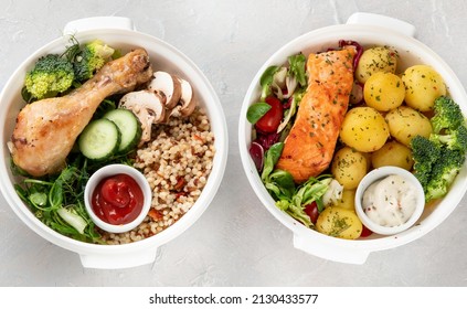 Healthy Meal Prep In Lunch Boxes On Light Background. Dieting Eating Concept. Flat Lay, Top View, Copy Space