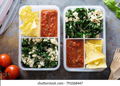 Healthy Meal Prep Or Lunch For Work And School, Brown Rice With Kale, Chips And Salsa