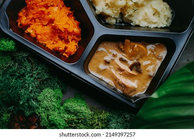 Healthy Meals To Work For The Day, Dietary Catering, Tenderloin In Mushroom Sauce, Top View