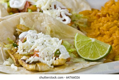 Healthy Mexican Meal, Fish Tacos Vegetables And Rice On Plate