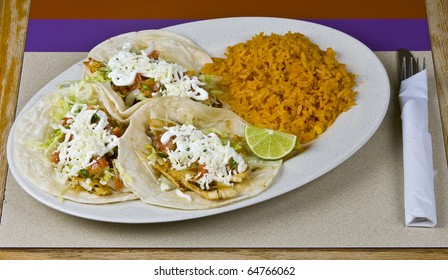 Healthy Mexican Meal, Fish Tacos Vegetables And Rice On Plate