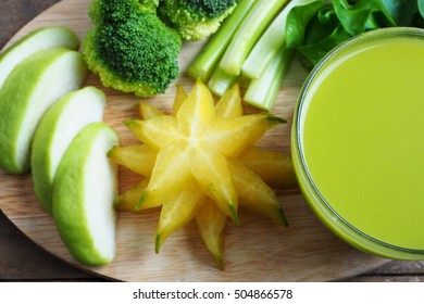 Healthy Mixed Green Juice From Star Fruit, Gauva, Broccoli, Celery And Watercress. 