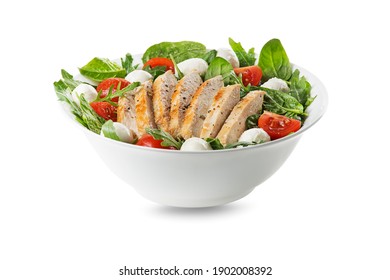 Healthy mixed salad with chicken breast, tomato and mozzarella cheese isolated on white