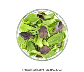 Healthy Mixed Salad Of Lettuce Varieties In A Transparent Bowl. The Vegetables Are Green Lettuce, Red Lettuce, Romaine Lettuce,crisphead And Rocket. Top View On White Background.