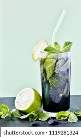 healthy mojito with activated charcoal. Detoxification and freshness.