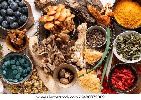 Healthy natural adaptogen. Herbs, spices, mushrooms on light background. Nervine food collection. Top view