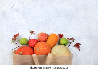 Healthy Natural Food In Eco Bag, Healthy Lifestyle Concept, Zero Waste. Thanksgiving Food Delivery, Donation, Coronavirus Quarantine. Pumpkins, Apples, Zucchini In Cloth Packaging, Autumn