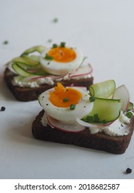 Healthy Natural Summer Food. Sandwiches With Whole Grain Bread, Cucumber, Radish And Boiled Egg On A White Background.